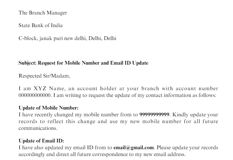 Mobile No and Email ID Change in Bank Account Letter Format